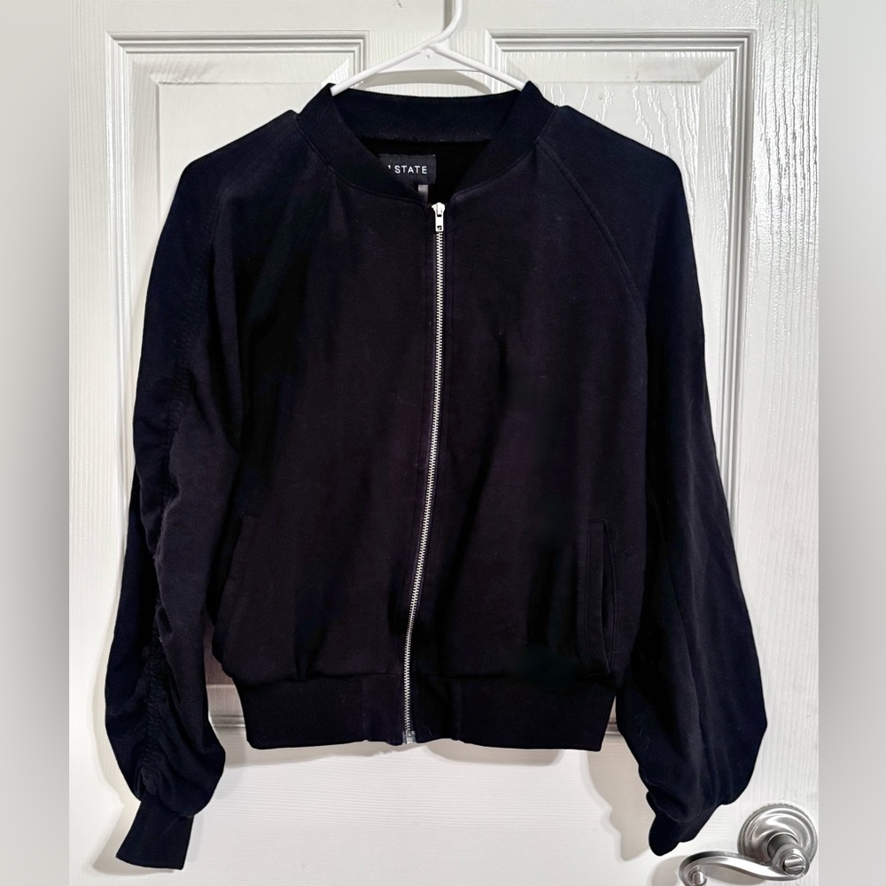 1.State Black Cropped Cotton Bomber Jacket